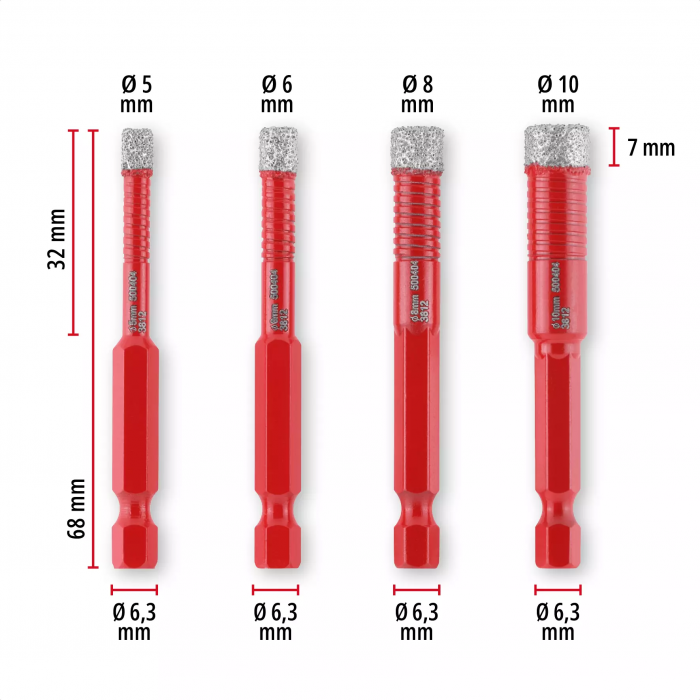 Свердло по кахелю та склу трубчате Einhell 5/6/8/10мм XS-Case набір 4шт 0.12кг