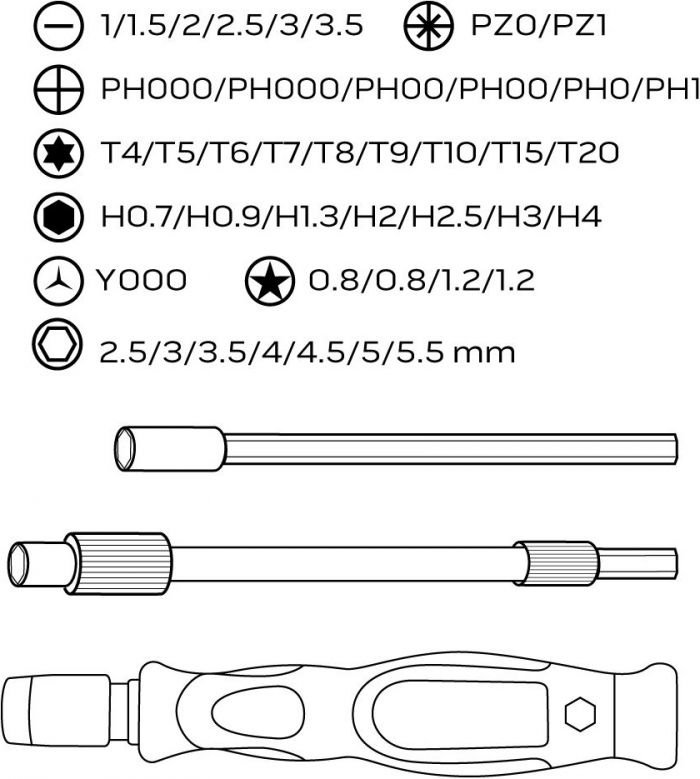 Біти Neo Tools, 1/4", бітотримач, прецизійні, CrV, набір 45шт