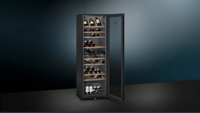 Холодильник Siemens для вина, 186x60x61, об'єм-370л, зон - 2, пляшок -199, ST, диспл, чорний