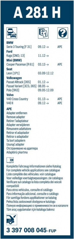 Склоочисник BOSCH Twin безкаркасний 280мм задній (3 397 008 045)