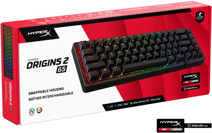 Клавіатура механічна HyperX Alloy Origins 2 65key, Red, USB-A, Hot-Swap, EN/UA, RGB, чорний