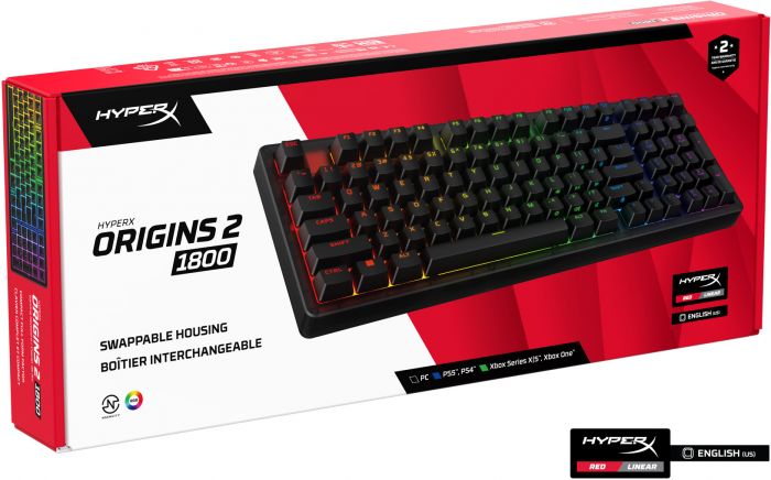 Клавіатура механічна HyperX Alloy Origins 2 1800 103key, Red, USB-A, Hot-Swap, EN/UA, RGB, чорний