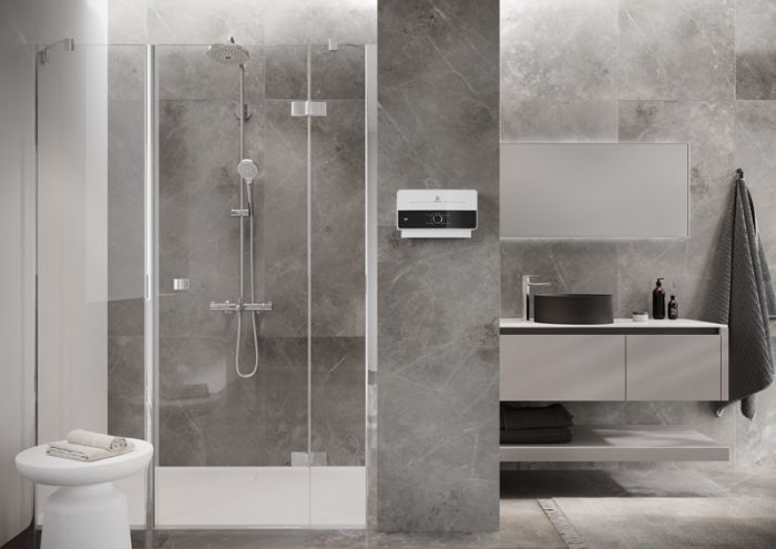 Водонагрівач електр. Ariston AURES M 7 EU проточний, 5л.хв, 7кВт, гор-ний монтаж, мех. кер-ння, A, біло-чорний