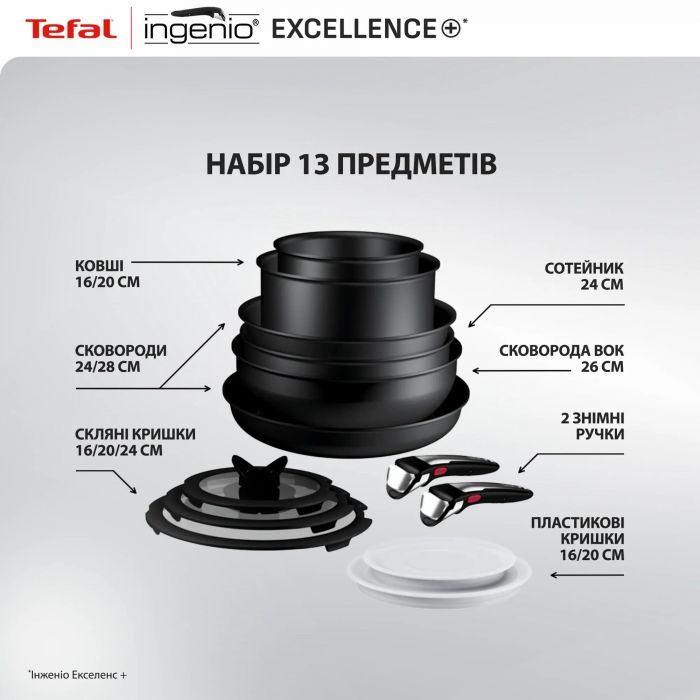 Набір посуду Tefal Ingenio Excellence+, 13 предметів, алюміній, нержавіюча сталь, бакеліт, чорний