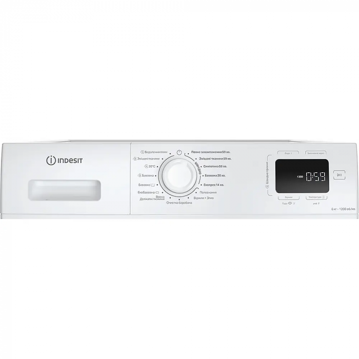 Пральна машина Indesit фронтальна, 6кг, 1200, A+++, 44.6см, дисплей, пара, інвертор, люк чорний, білий