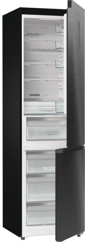 Холодильник з нижн. мороз. камерою Gorenje, 203х66х60см, 2 двері, 257(121)л, А+, Total NF, Зона св-ті, Інвертор, Зовн. Дисп, Wi-Fi, Чорний
