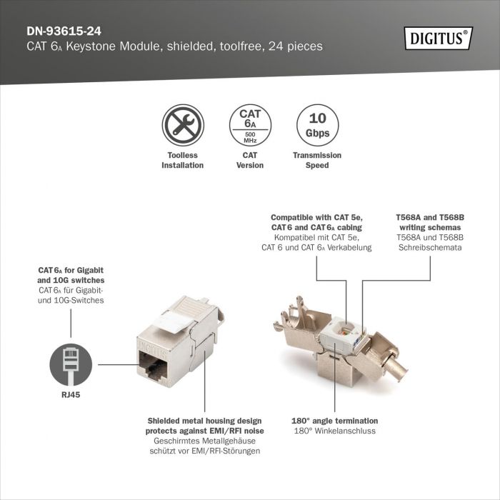 Модуль DIGITUS Keystone САТ 6А RJ45, STP, compact, 24 шт.