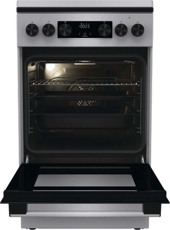 Плита Gorenje комбінована, 70л, 50x60см, метал. кришка, дисплей, IconLed, емальовані реш, титан