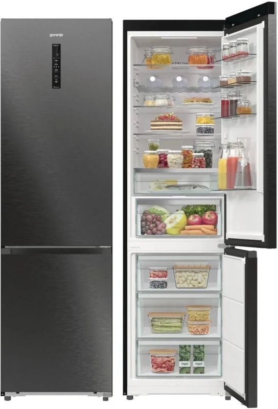 Холодильник з нижн. мороз. камерою Gorenje, 203х66х60см, 2 двері, 257(121)л, А+, Total NF, Зона св-ті, Інвертор, Зовн. Дисп, Wi-Fi, Чорний
