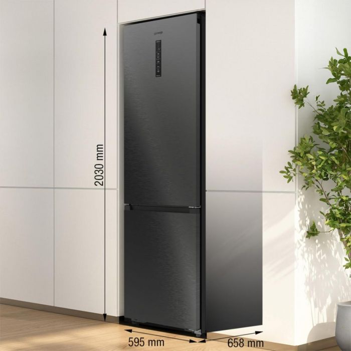 Холодильник з нижн. мороз. камерою Gorenje, 203х66х60см, 2 двері, 257(121)л, А+, Total NF, Зона св-ті, Інвертор, Зовн. Дисп, Wi-Fi, Чорний