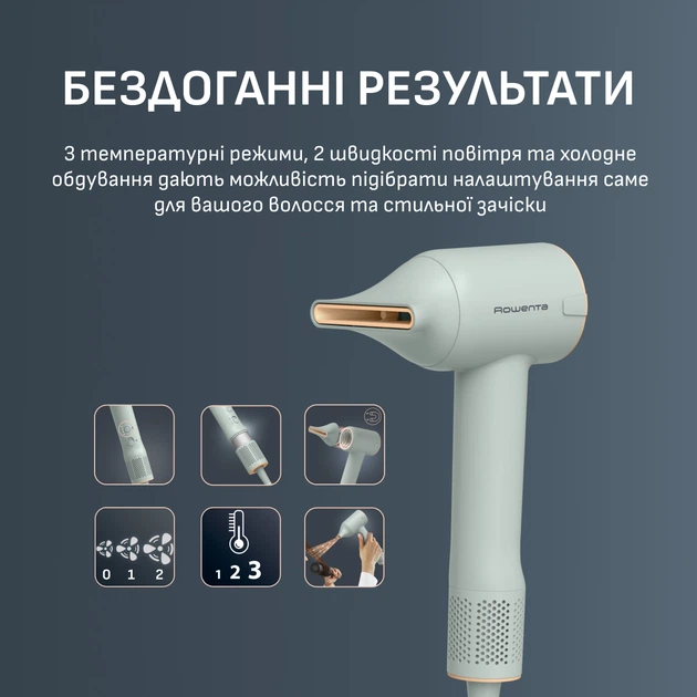 Фен Rowenta Blumia, 1300Вт, 3 режими, іоніз-я, хол. обдув, дисплей, бірюзовий