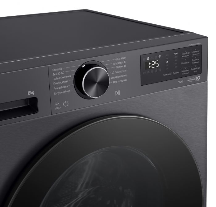 Стиральная машина LG фронтальная, 8кг, 1200, A, 48см, дисплей, пар, инвертор, чорний матовий