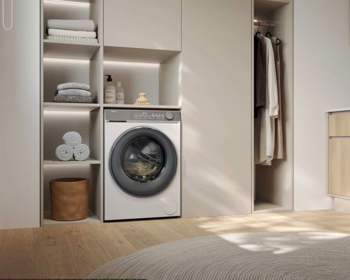 Пральна машина Haier фронтальна, 9кг, 1400, B, 45.2см, дисплей, пара, інвертор, люк сірий, прямий привід, білий