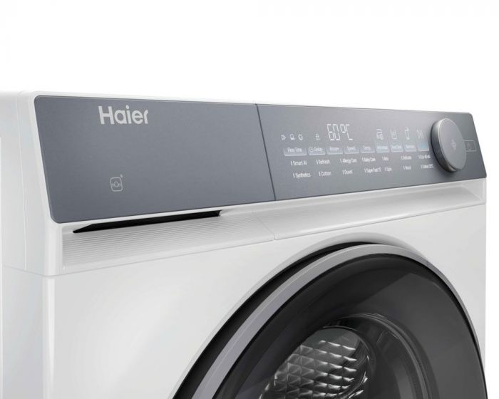 Пральна машина Haier фронтальна, 9кг, 1400, B, 45.2см, дисплей, пара, інвертор, люк сірий, прямий привід, білий