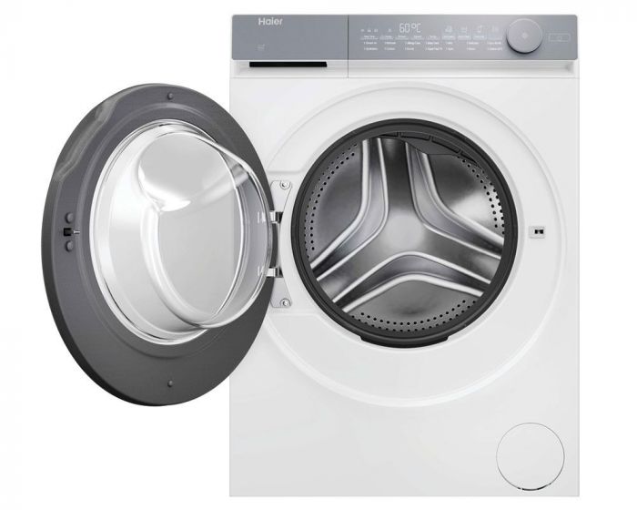 Пральна машина Haier фронтальна, 9кг, 1400, B, 45.2см, дисплей, пара, інвертор, люк сірий, прямий привід, білий