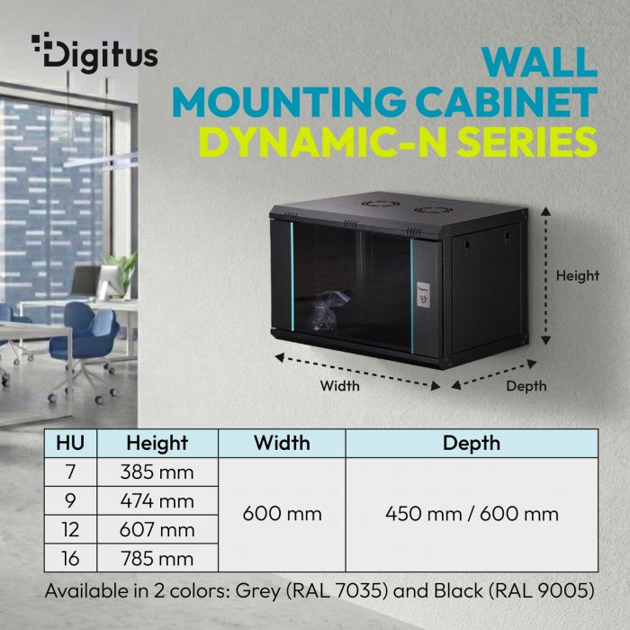 Шафа DIGITUS 19", 7U, Wall Mounting Dynamic-N, 600x600 мм, 60кг максимально, розібрана, чорна