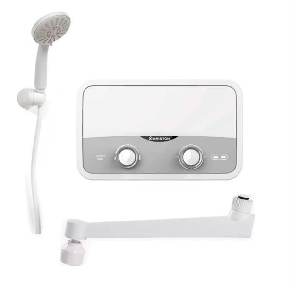 Водонагрівач електр. Ariston AURES SF 5.5 COM EU проточний, 2,1л, 5,5кВт, горизонтальний монтаж, мех. кер-ння, A, В'єтнам, біло-сірий