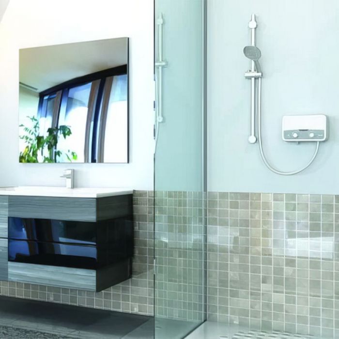 Водонагрівач електр. Ariston AURES SF 5.5 COM EU проточний, 2,1л, 5,5кВт, горизонтальний монтаж, мех. кер-ння, A, В'єтнам, біло-сірий