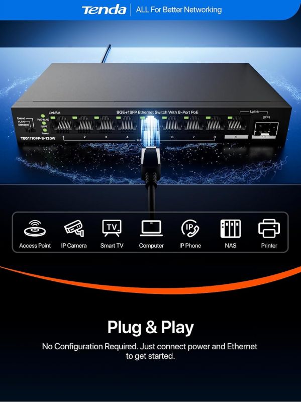 Комутатор TENDA TEG1110PF-8-120W 8xGE PoE, 1xGE, 1xSFP, Некерований