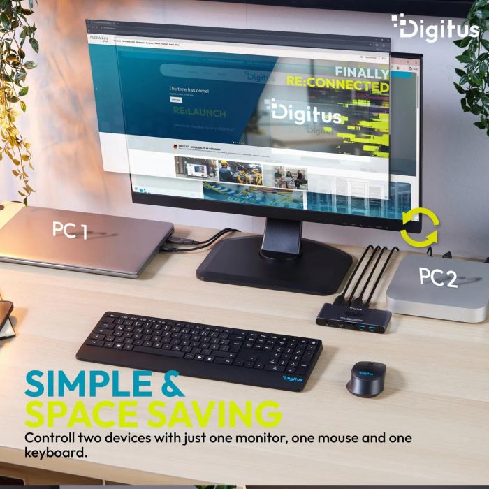 Комутатор DIGITUS Desktop KVM, 2x1 HDMI, 3xUSB 3.0, 1xUSB-C, 4K, Core Line