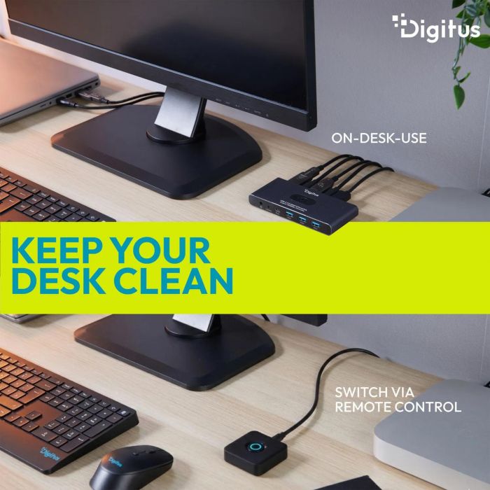 Комутатор DIGITUS Desktop KVM, 2x1 HDMI, 3xUSB 3.0, 1xUSB-C, 4K, Core Line