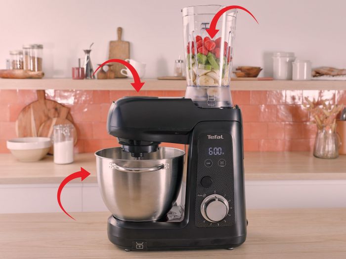 Кухонна машина Tefal Bake Partner + 1100Вт, чаша-метал, корпус-пластик, насадок-9, чорний