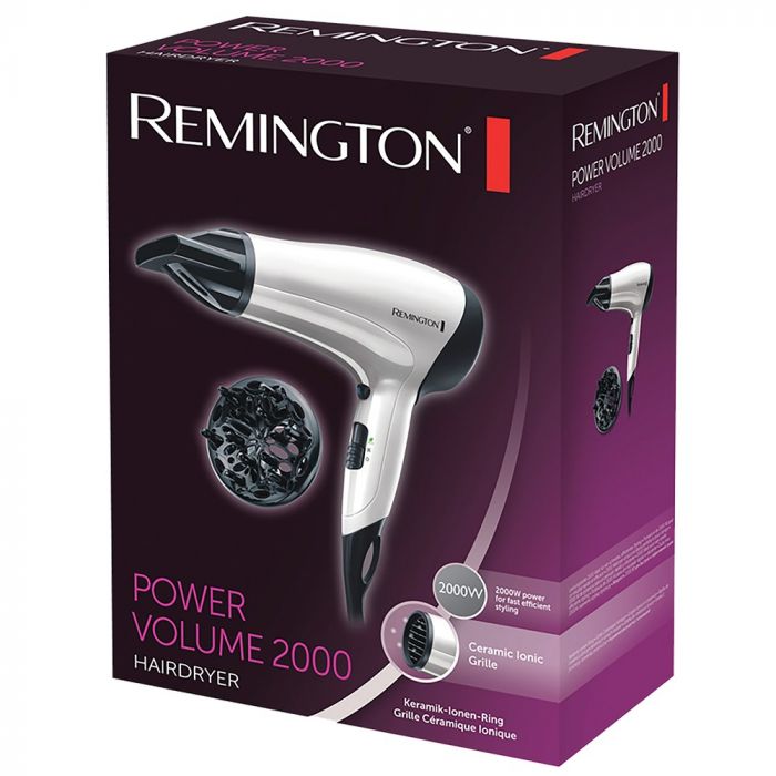 Фен Remington Power Volume 2000, 2000Вт, 3 режими, дифузор,турмалінова іоніз-я, хол. обдув, білий