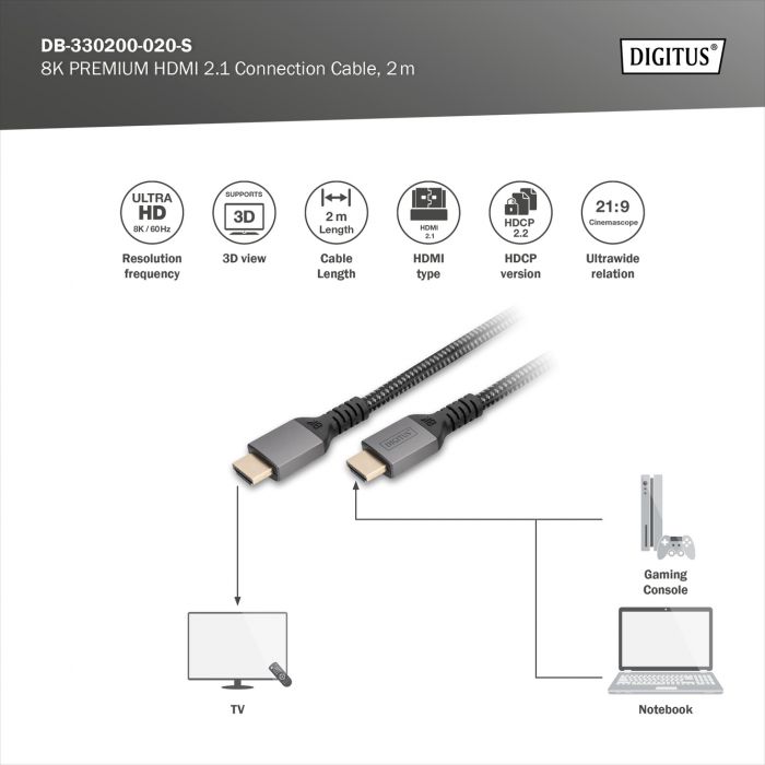 Кабель DIGITUS HDMI (M/M), 8K, Ultra High speed/Ethernet, 2м, чорний