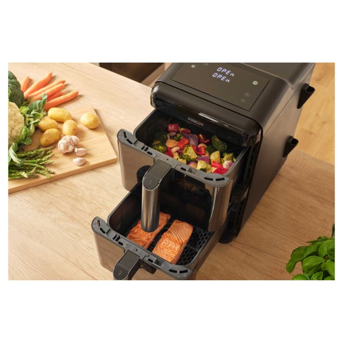 Мультипіч Sencor Dual Vita Fryer, 3000Вт, чаша-5.8+5.8л, сенсорне керув., 2 чаши, з віконцем, гриль, пластик, чорний