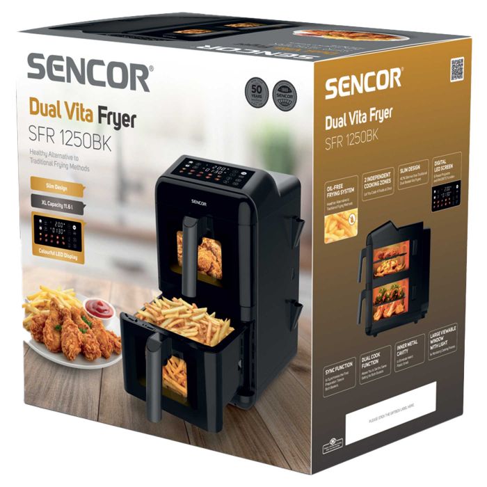 Мультипіч Sencor Dual Vita Fryer, 3000Вт, чаша-5.8+5.8л, сенсорне керув., 2 чаши, з віконцем, гриль, пластик, чорний