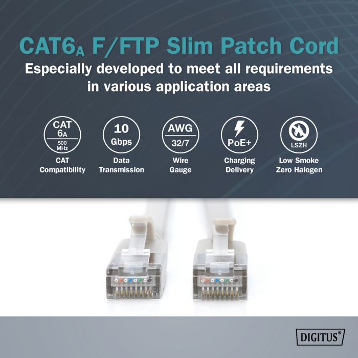 Патч-корд DIGITUS CAT 6a F-FTP Sliim, 5 м, AWG 32/7, Cu, LSZH, сірий