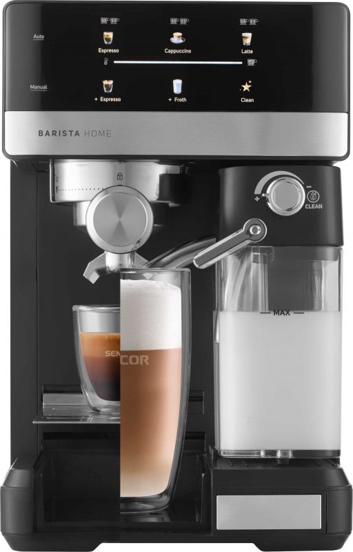 Кавоварка Sencor ріжкова 1.8л, мелена, автоматичний капучинатор, LCD-дисплей, нерж. сталь-чорний