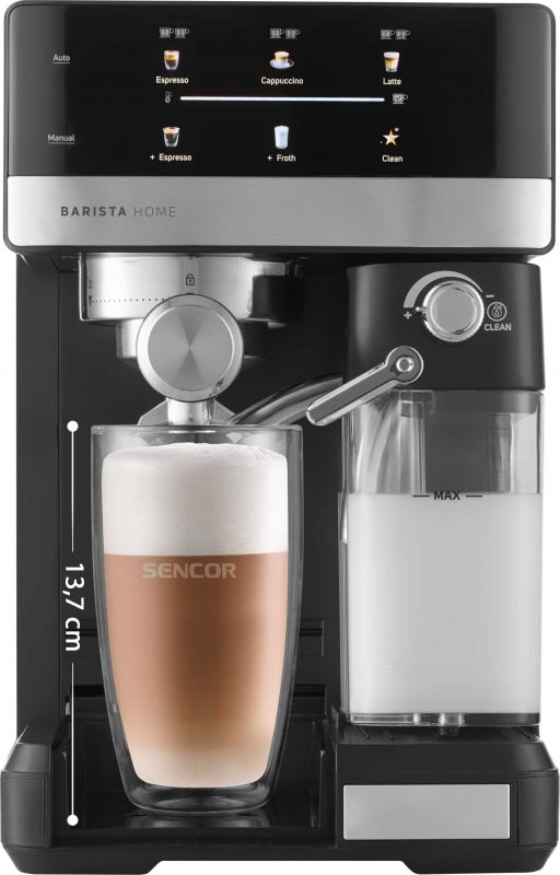Кавоварка Sencor ріжкова 1.8л, мелена, автоматичний капучинатор, LCD-дисплей, нерж. сталь-чорний