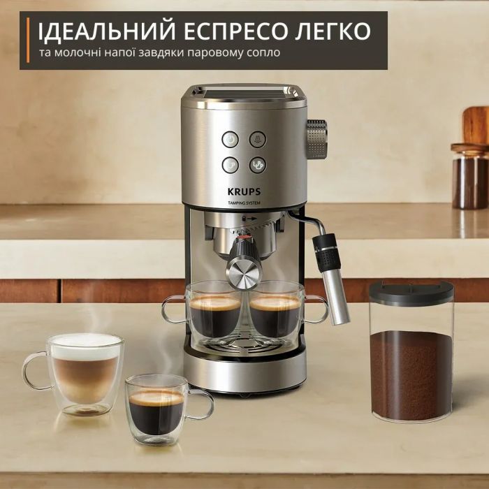 Кавоварка Krups ріжкова Virtuoso+ Tamping System 1л, мелена, ручний капучинатор, 15 бар, сірий