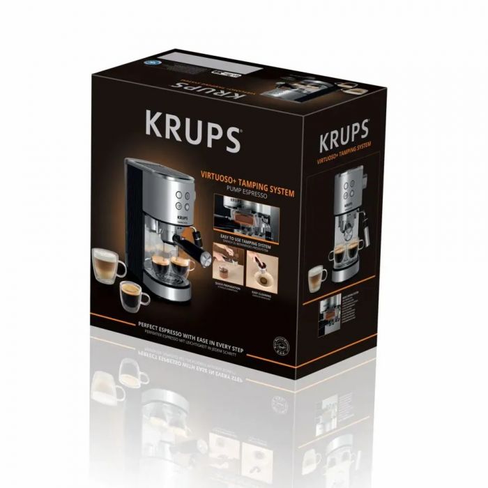 Кавоварка Krups ріжкова Virtuoso+ Tamping System 1л, мелена, ручний капучинатор, 15 бар, сірий