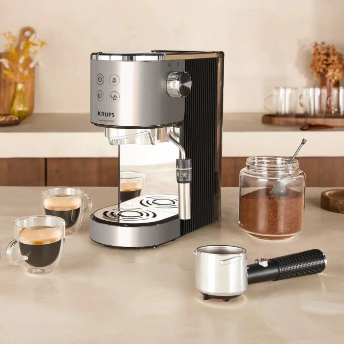 Кавоварка Krups ріжкова Virtuoso+ Tamping System 1л, мелена, ручний капучинатор, 15 бар, сірий