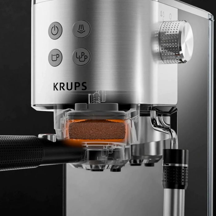 Кавоварка Krups ріжкова Virtuoso+ Tamping System 1л, мелена, ручний капучинатор, 15 бар, сірий