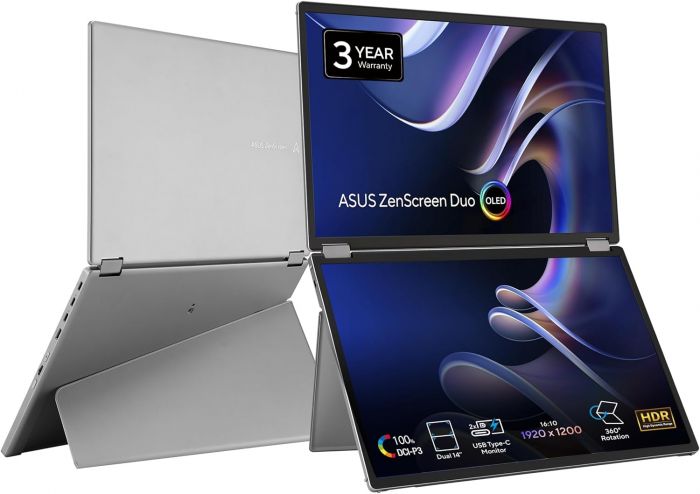 Монітор портативний Asus 2x14" ZenScreen DUO MQ149CD mHDMI, 2xUSB-C, OLED, 1920x1200, 16:10, DCI-P3 100%, HDR400, Cover