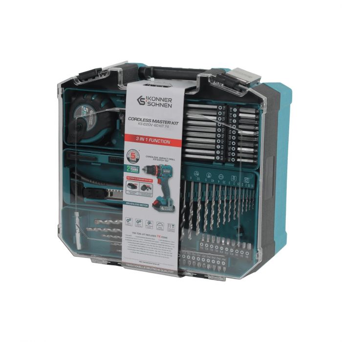 Шурупокрут-дриль ударний акумуляторний Konner&Sohnen KS ID20V-60 KIT 74 PLUS 20В 2х2А·год 60Нм 0-450·0-1900об/хв LED-світло ЗП набір свердл і біт 74шт кейс 5.3кг