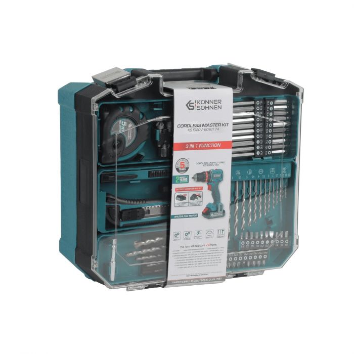 Шурупокрут-дриль ударний акумуляторний Konner&Sohnen KS ID20V-60 KIT 74 PLUS 20В 2х2А·год 60Нм 0-450·0-1900об/хв LED-світло ЗП набір свердл і біт 74шт кейс 5.3кг