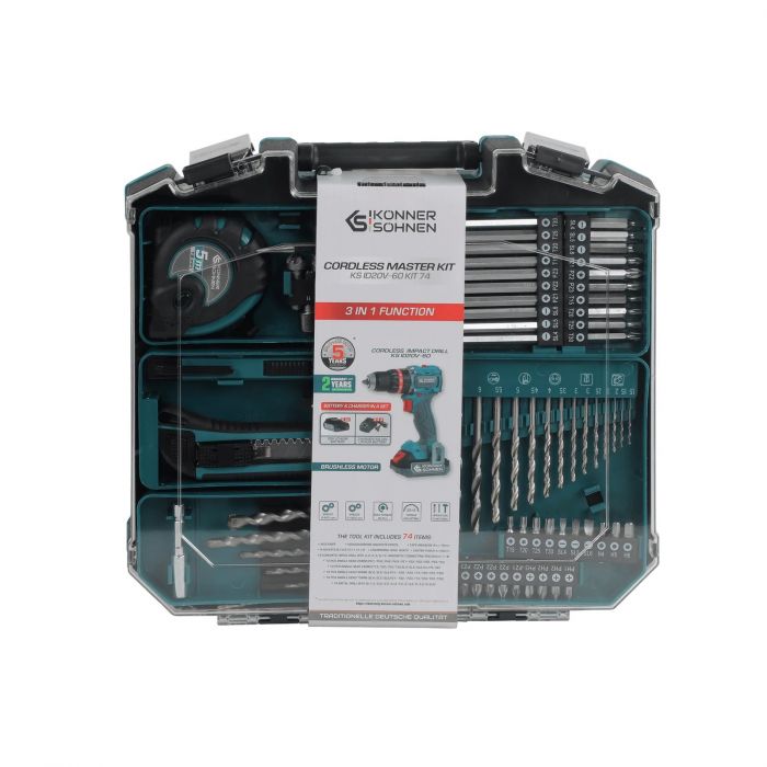 Шурупокрут-дриль ударний акумуляторний Konner&Sohnen KS ID20V-60 KIT 74 PLUS 20В 2х2А·год 60Нм 0-450·0-1900об/хв LED-світло ЗП набір свердл і біт 74шт кейс 5.3кг