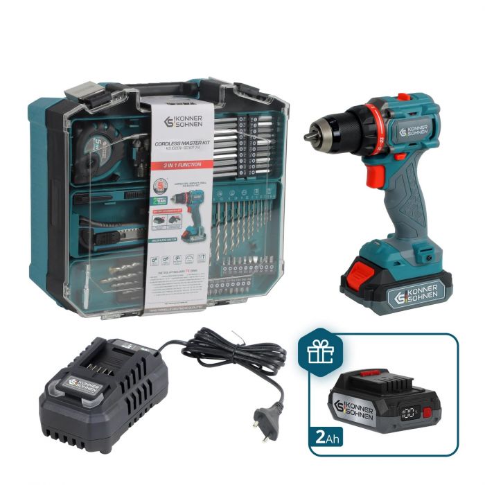 Шурупокрут-дриль ударний акумуляторний Konner&Sohnen KS ID20V-60 KIT 74 PLUS 20В 2х2А·год 60Нм 0-450·0-1900об/хв LED-світло ЗП набір свердл і біт 74шт кейс 5.3кг