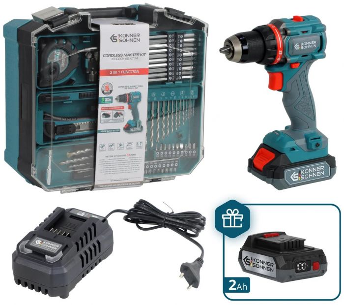 Шурупокрут-дриль ударний акумуляторний Konner&Sohnen KS ID20V-60 KIT 74 PLUS 20В 2х2А·год 60Нм 0-450·0-1900об/хв LED-світло ЗП набір свердл і біт 74шт кейс 5.3кг