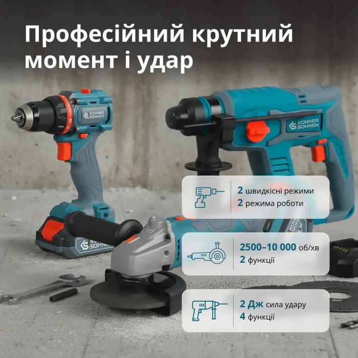 Набір із трьох акумуляторних інструментів Konner&Sohnen KS RHAGD 20V SET 3 PLUS 20В шурупокрут, шліфмашина кутова KS AG20V-125VR, перфоратор KS RH20V-22-4, ЗП 4.5А акб 3х4А·год сумка 10.8кг