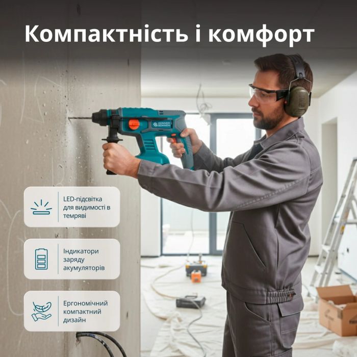 Набір із трьох акумуляторних інструментів Konner&Sohnen KS RHAGD 20V SET 3 PLUS 20В шурупокрут, шліфмашина кутова KS AG20V-125VR, перфоратор KS RH20V-22-4, ЗП 4.5А акб 3х4А·год сумка 10.8кг