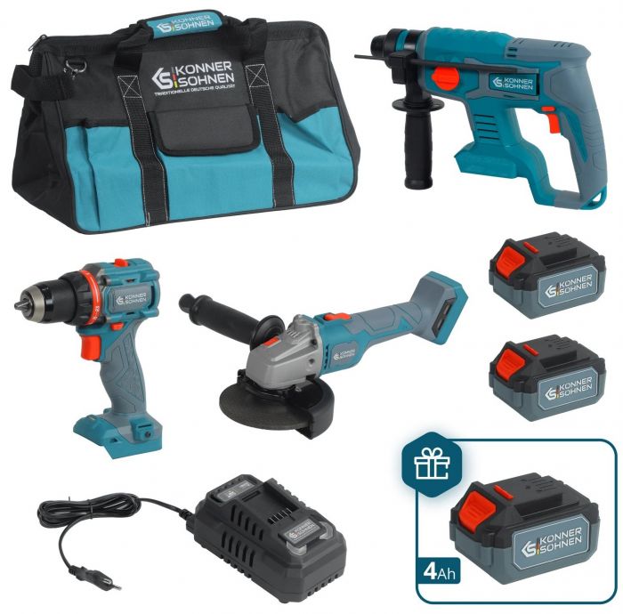 Набір із трьох акумуляторних інструментів Konner&Sohnen KS RHAGD 20V SET 3 PLUS 20В шурупокрут, шліфмашина кутова KS AG20V-125VR, перфоратор KS RH20V-22-4, ЗП 4.5А акб 3х4А·год сумка 10.8кг