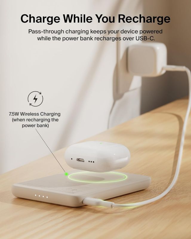 Акумулятор портативний літій-іонний Power Bank Belkin 5000мА·год, 15Вт/Qi2 7.5Вт, Slim Magnetic Ring, пісочний