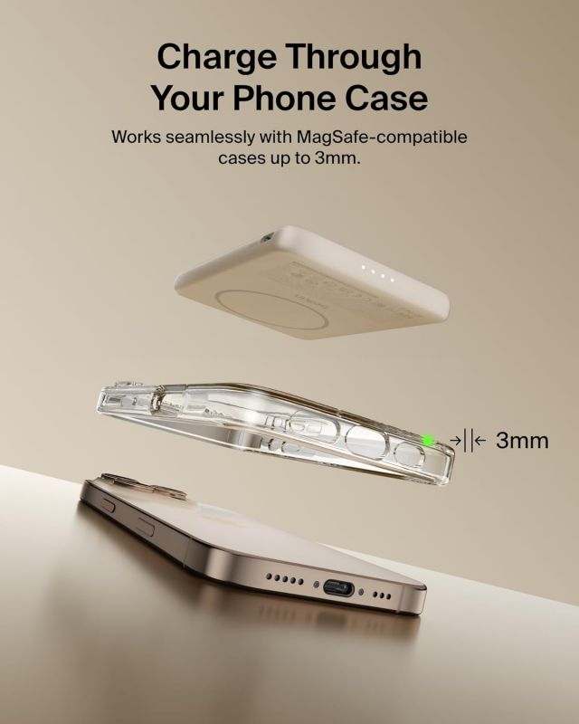 Акумулятор портативний літій-іонний Power Bank Belkin 5000мА·год, 15Вт/Qi2 7.5Вт, Slim Magnetic Ring, пісочний