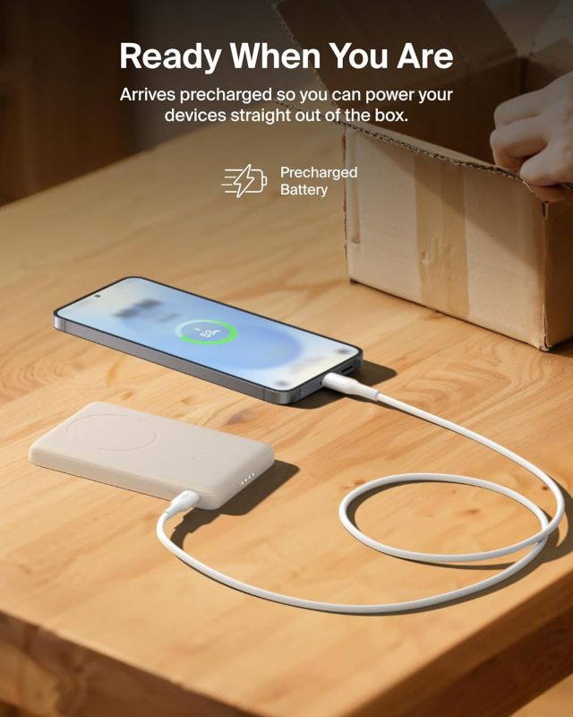 Акумулятор портативний літій-іонний Power Bank Belkin 5000мА·год, 15Вт/Qi2 7.5Вт, Slim Magnetic Ring, пісочний