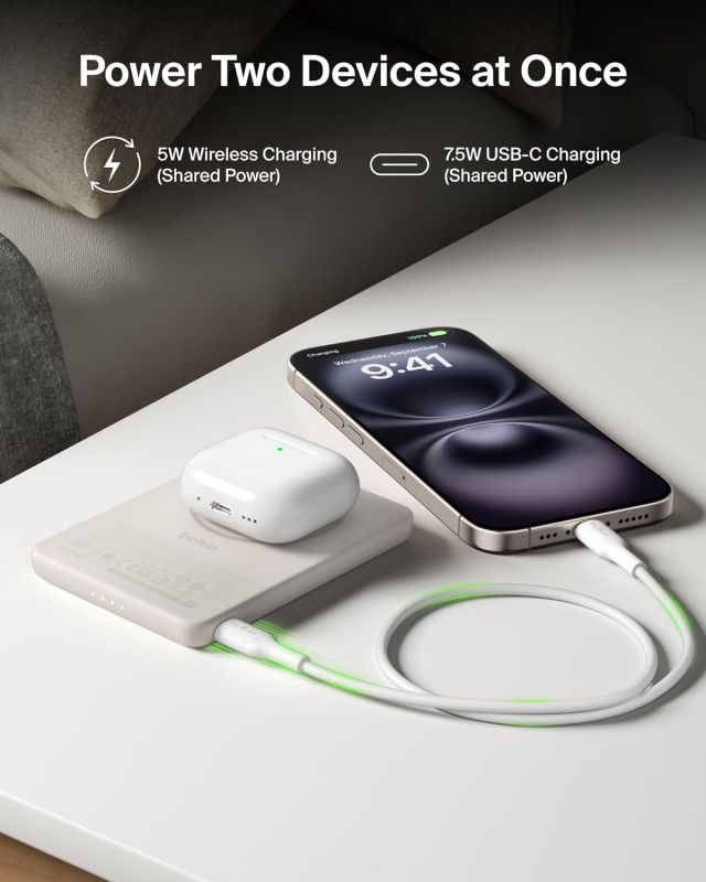 Акумулятор портативний літій-іонний Power Bank Belkin 5000мА·год, 15Вт/Qi2 7.5Вт, Slim Magnetic Ring, пісочний